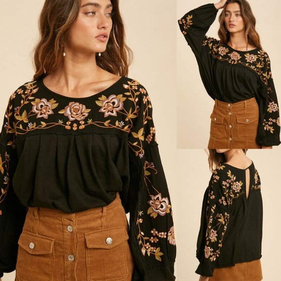 NEW Black Floral Embroidered Pleat BOHO Blouse Top - Picture 2 of 12